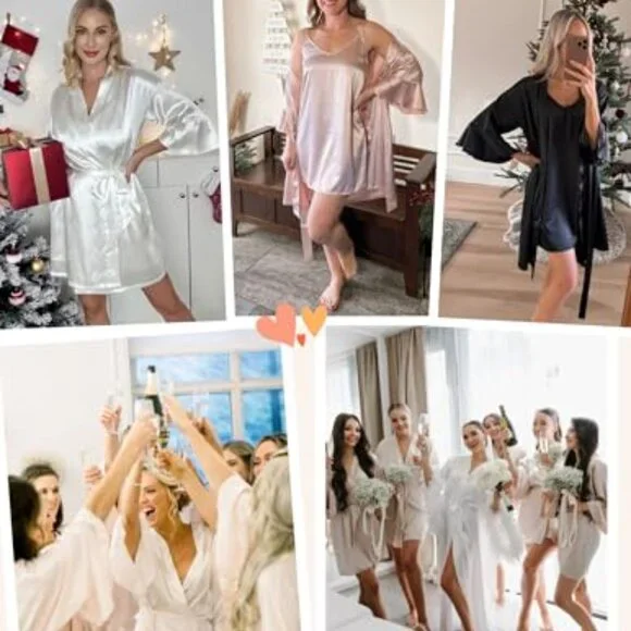 Satin Robe Set Elegant V-Neck Kimono Nightgown Adjustable Straps Pockets